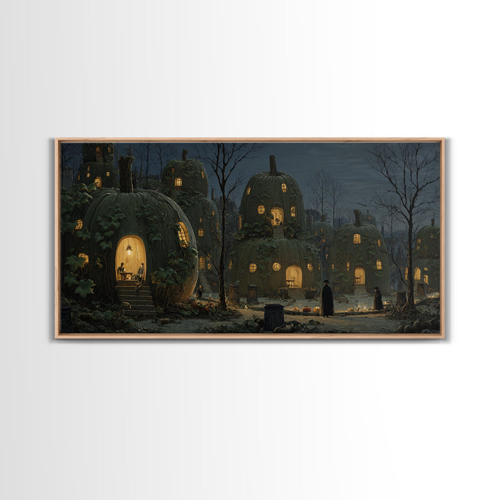 The Pumpkin-House Neighborhood, Romantic Gothic Landscape, Wide Panoramic Art, Macabre Wall Art, Framed Canvas Print