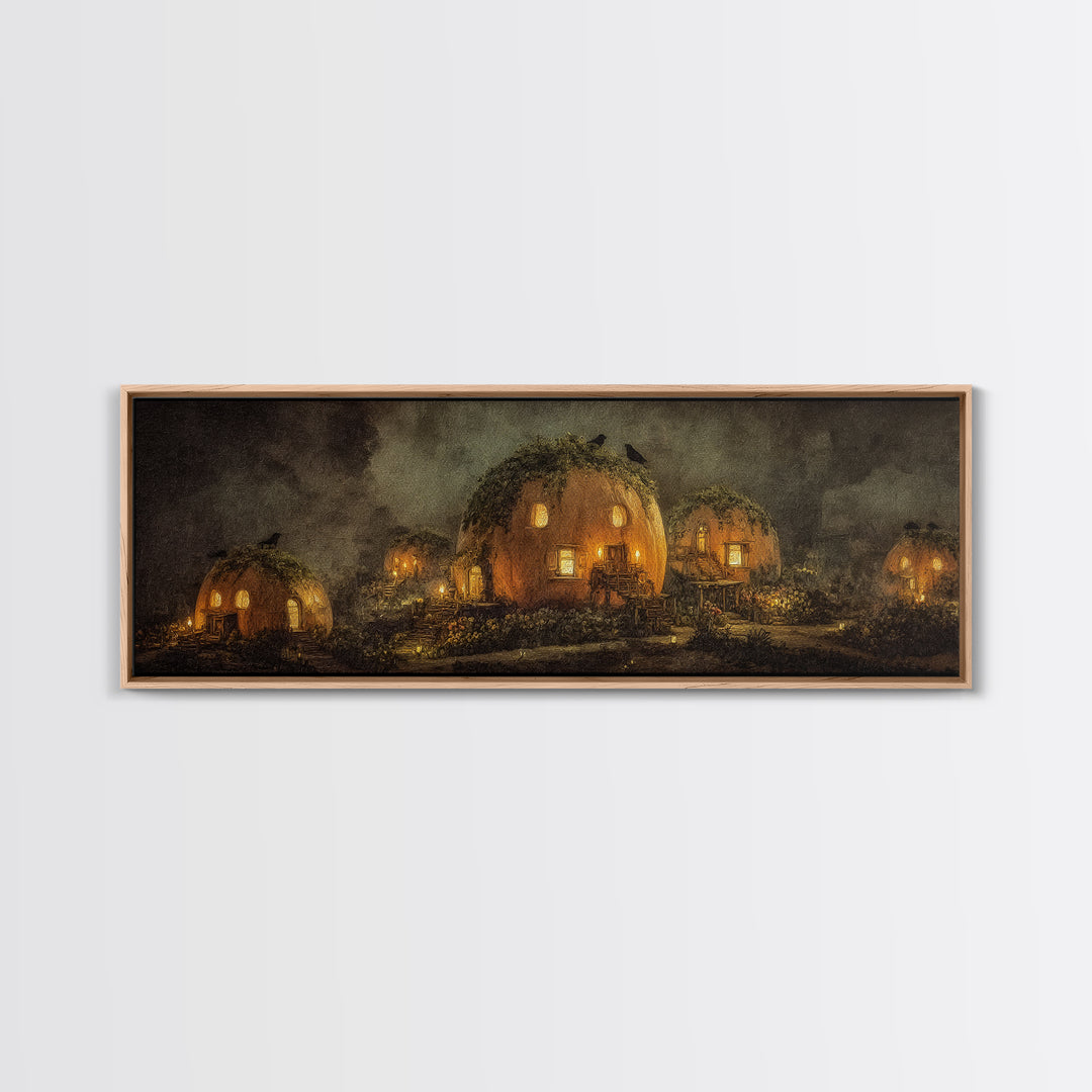 The Pumpkin-House Neighborhood, Symbolist Dream Art, Extra Wide Wall Art, Dark Fantasy Wall Art, Framed Canvas Print, Halloween Decor