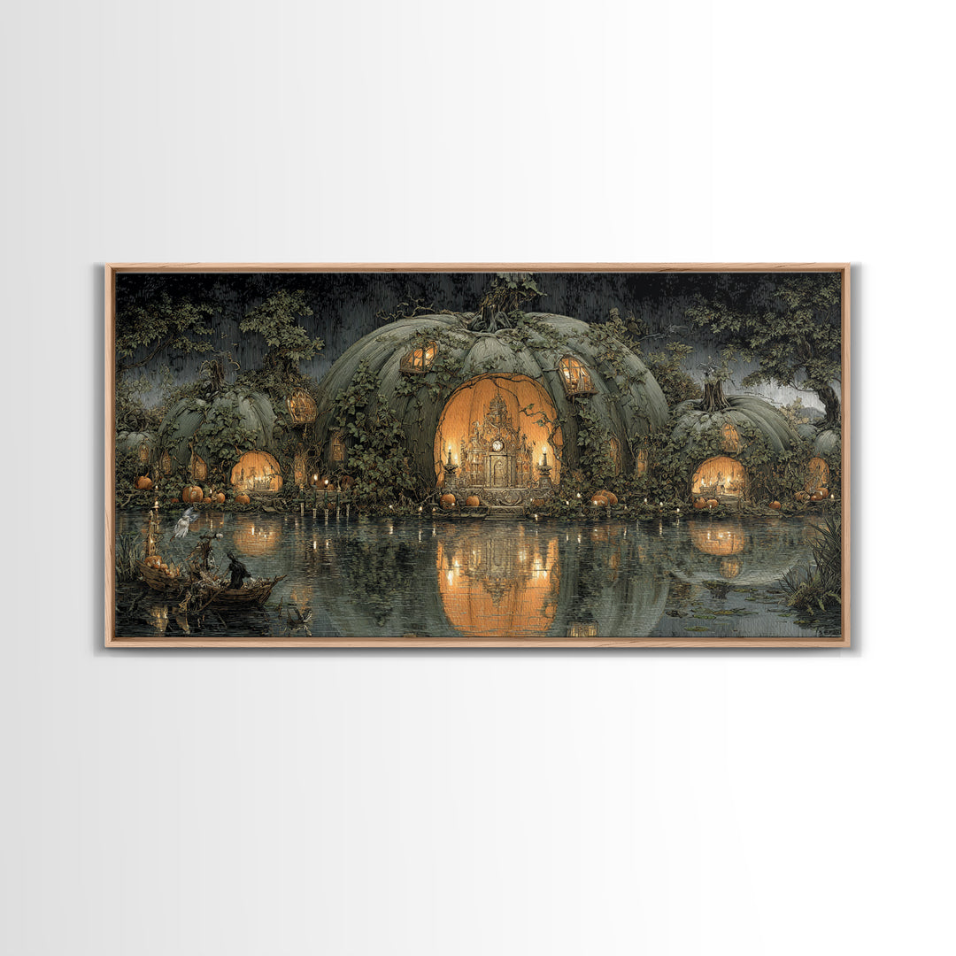 The Pumpkin-House Neighborhood, Symbolist Gothic Landscape, Wide Panoramic Art, Dark Halloween Decor, Canvas Print, Halloween Wall Art