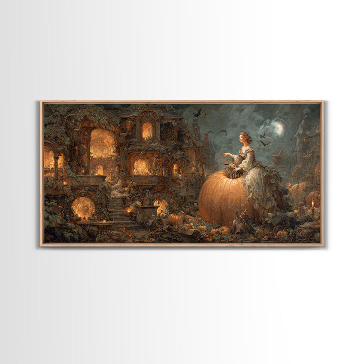 The Pumpkin-House Neighborhood, Ornate Symbolist Art, Wide Panoramic Art, Dark Halloween Decor, Framed Canvas Print