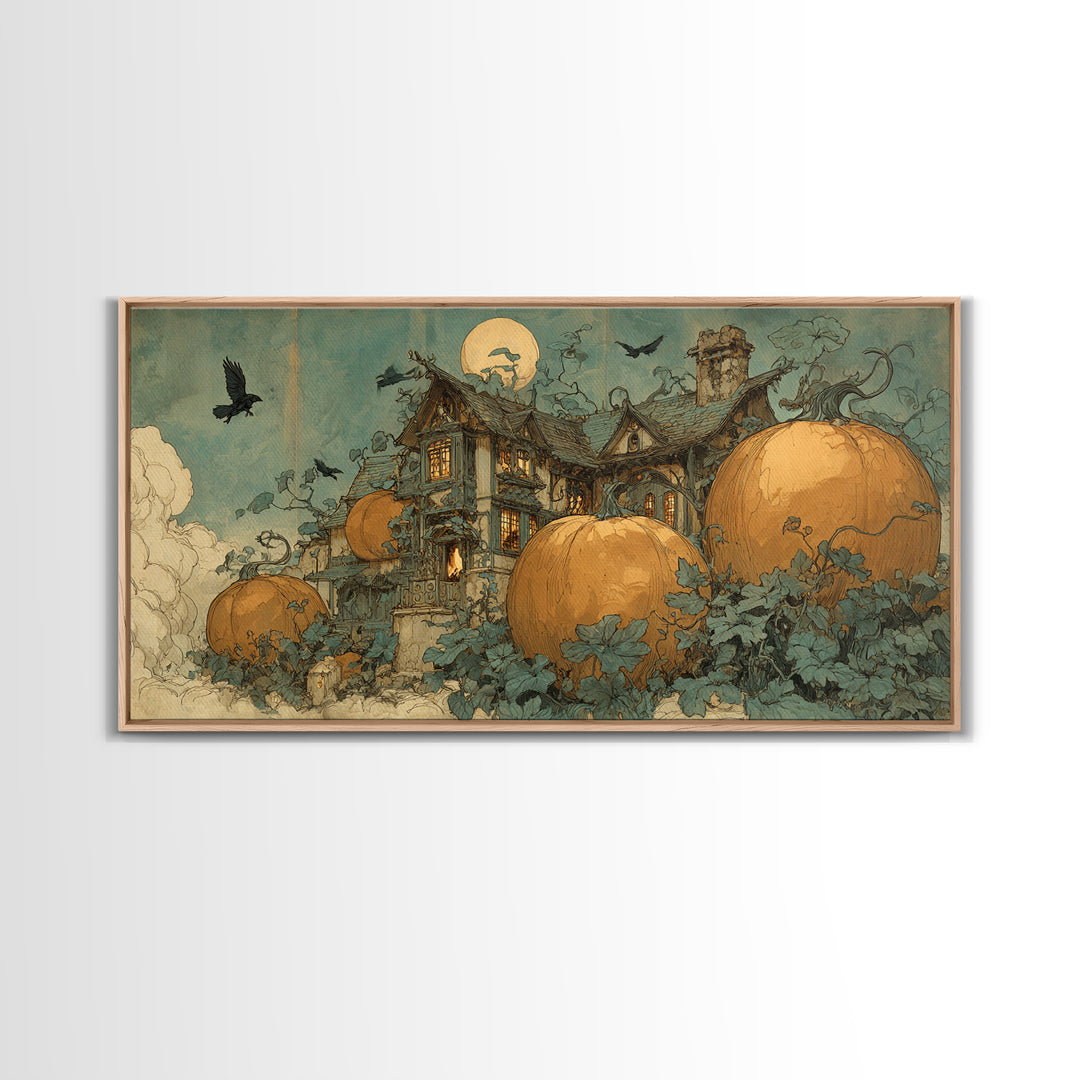 The Pumpkin-House Neighborhood, Decadent Gothic Art, Wide Panoramic Art, Dark Fantasy Wall Art, Framed Canvas Print