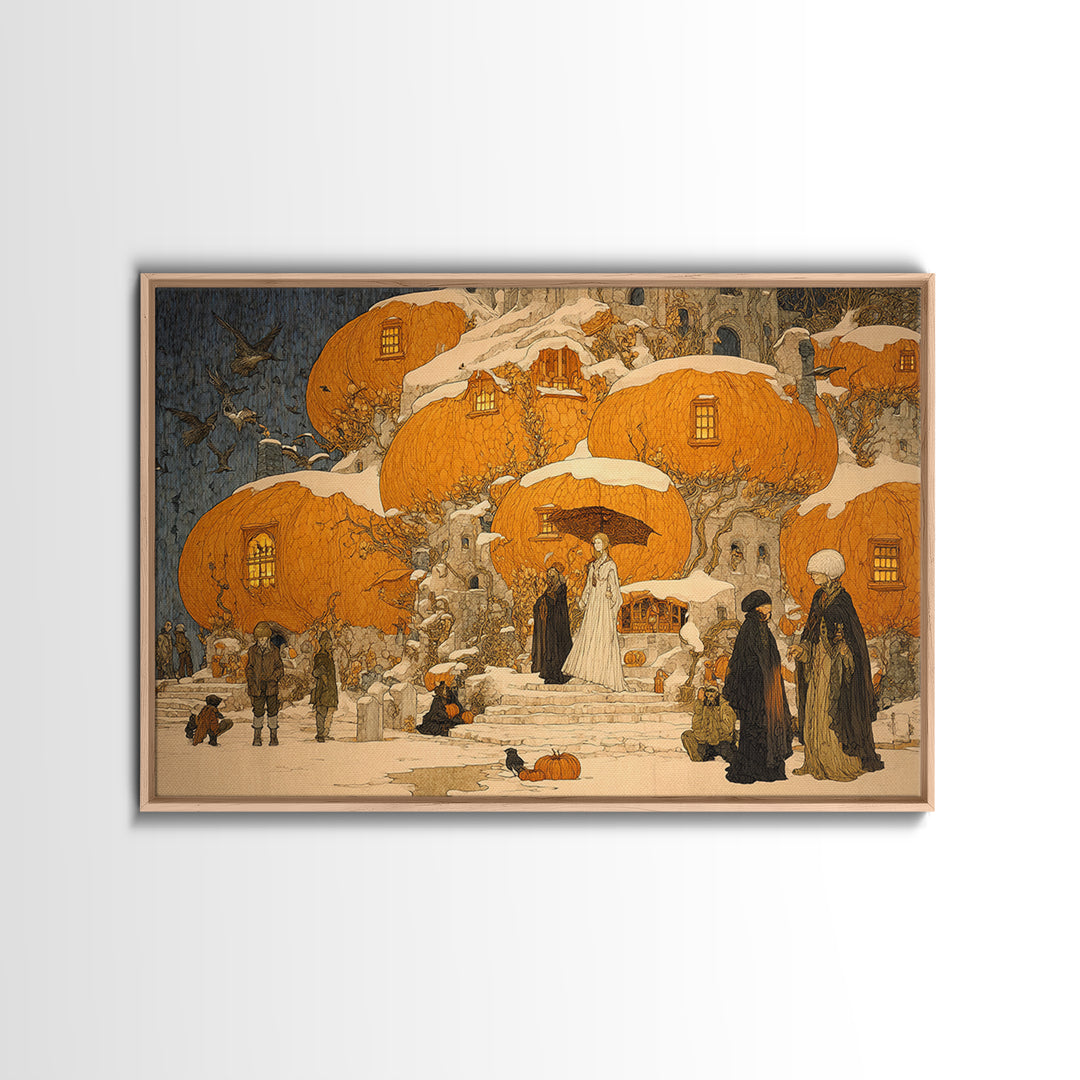 The Pumpkin-House Neighborhood, Symbolist Death Art, Landscape Wall Art, Macabre Wall Art, Framed Canvas Print, Halloween Wall Art
