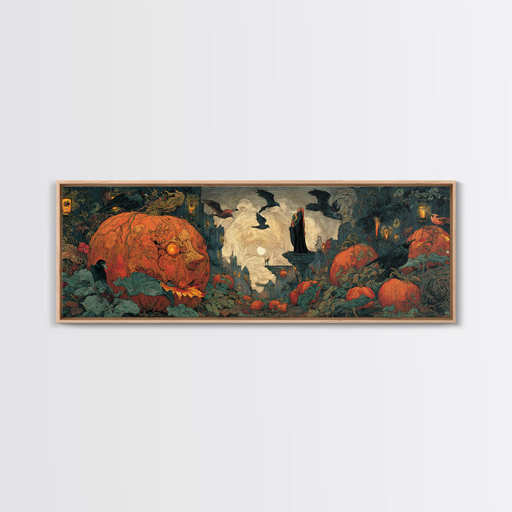 The Pumpkin-House Neighborhood, Dark Symbolist Art, Extra Wide Wall Art, Macabre Wall Art, Framed Canvas Print, Halloween Wall Art
