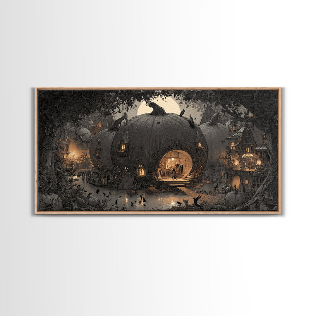 The Pumpkin-House Neighborhood, Expressionist Nightmare Art, Wide Panoramic Art, Gothic Horror Wall Art, Framed Canvas Print