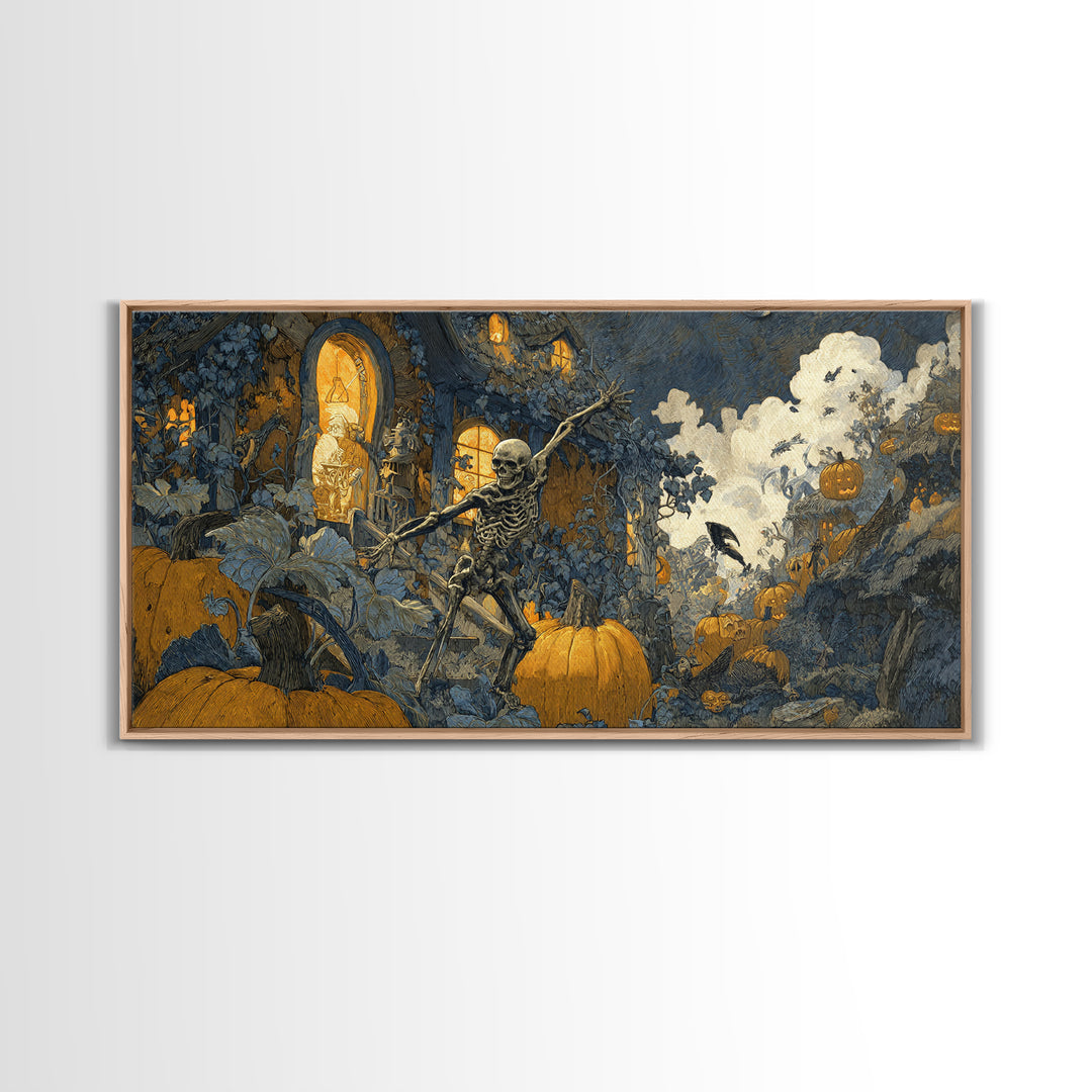 The Pumpkin-House Neighborhood, Grotesque Carnival Art, Wide Panoramic Art, Dark Halloween Decor, Framed Canvas Print, Halloween Wall Art