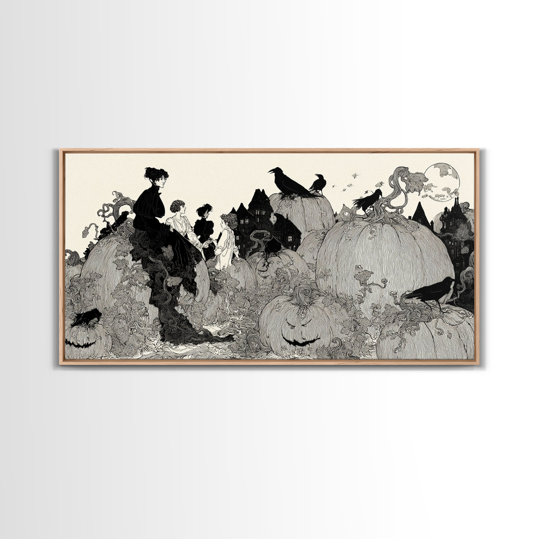 The Pumpkin-House Neighborhood, Decadent Line Art, Wide Panoramic Art, Dark Fantasy Wall Art, Framed Canvas Print
