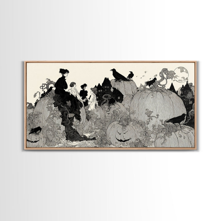 The Pumpkin-House Neighborhood, Decadent Line Art, Wide Panoramic Art, Dark Fantasy Wall Art, Framed Canvas Print