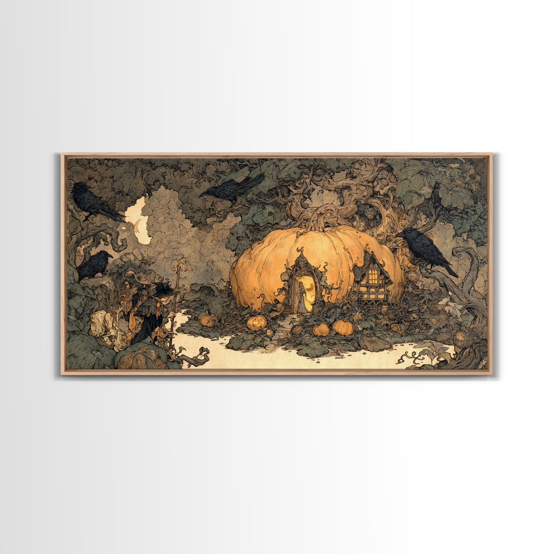 The Pumpkin-House Neighborhood, Gothic Storybook Art, Wide Panoramic Art, Gothic Horror Wall Art, Framed Canvas Print