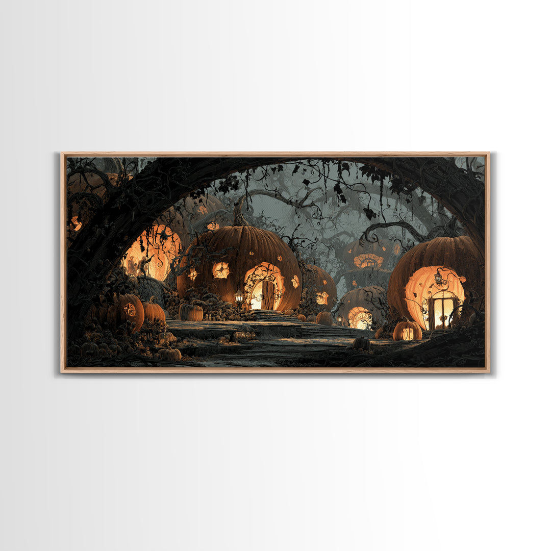 The Pumpkin-House Neighborhood, Macabre Folk Print Art, Wide Panoramic Art, Macabre Wall Art, Framed Canvas Print