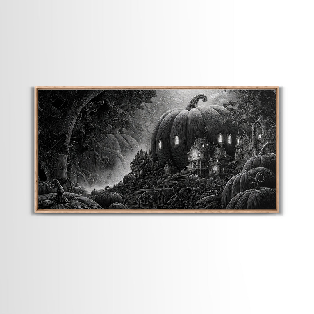 The Pumpkin-House Neighborhood, Biomechanical Horror Art, Wide Panoramic Art, Dark Halloween Decor, Framed Canvas Print, Halloween Wall Art