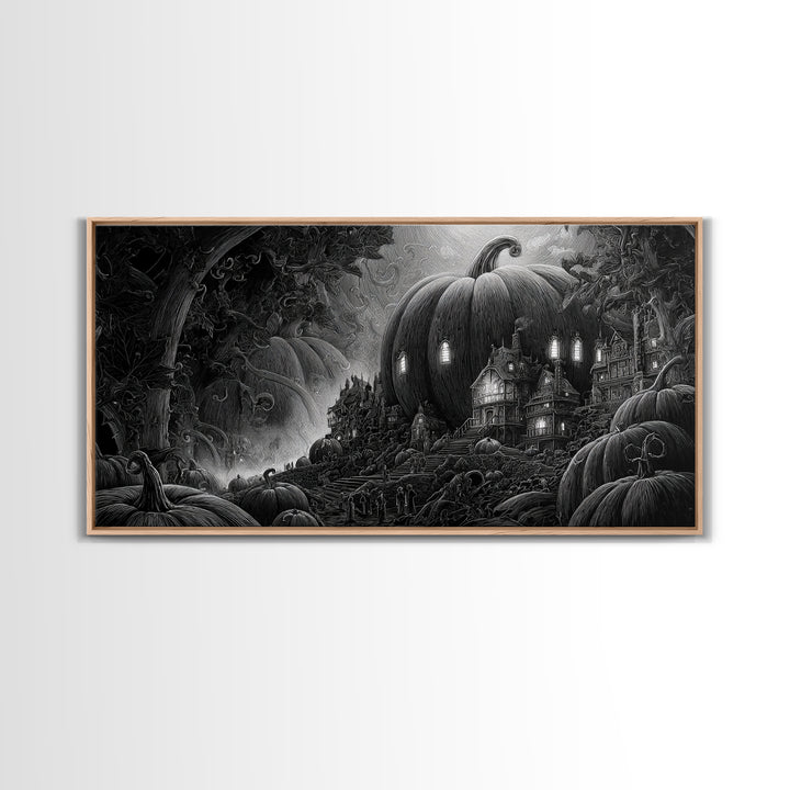 The Pumpkin-House Neighborhood, Biomechanical Horror Art, Wide Panoramic Art, Dark Halloween Decor, Framed Canvas Print, Halloween Wall Art