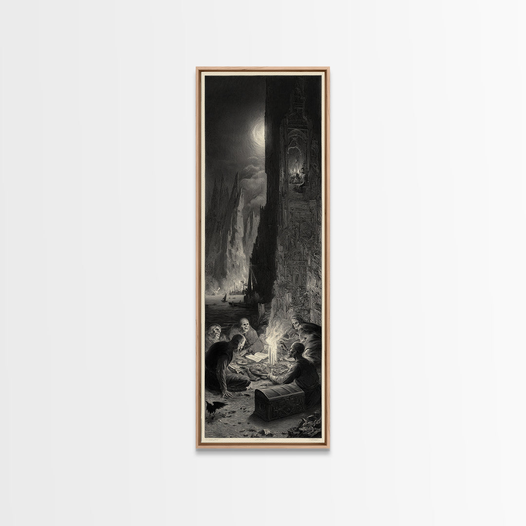 The Ghost Pirate Picnic, Gothic Engraving Art, Tall Narrow Wall Art, Dark Fantasy Wall Art, Framed Canvas Print, Halloween Wall Art