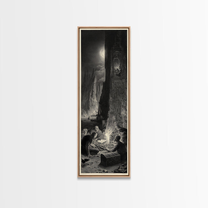 The Ghost Pirate Picnic, Gothic Engraving Art, Tall Narrow Wall Art, Dark Fantasy Wall Art, Framed Canvas Print, Halloween Wall Art