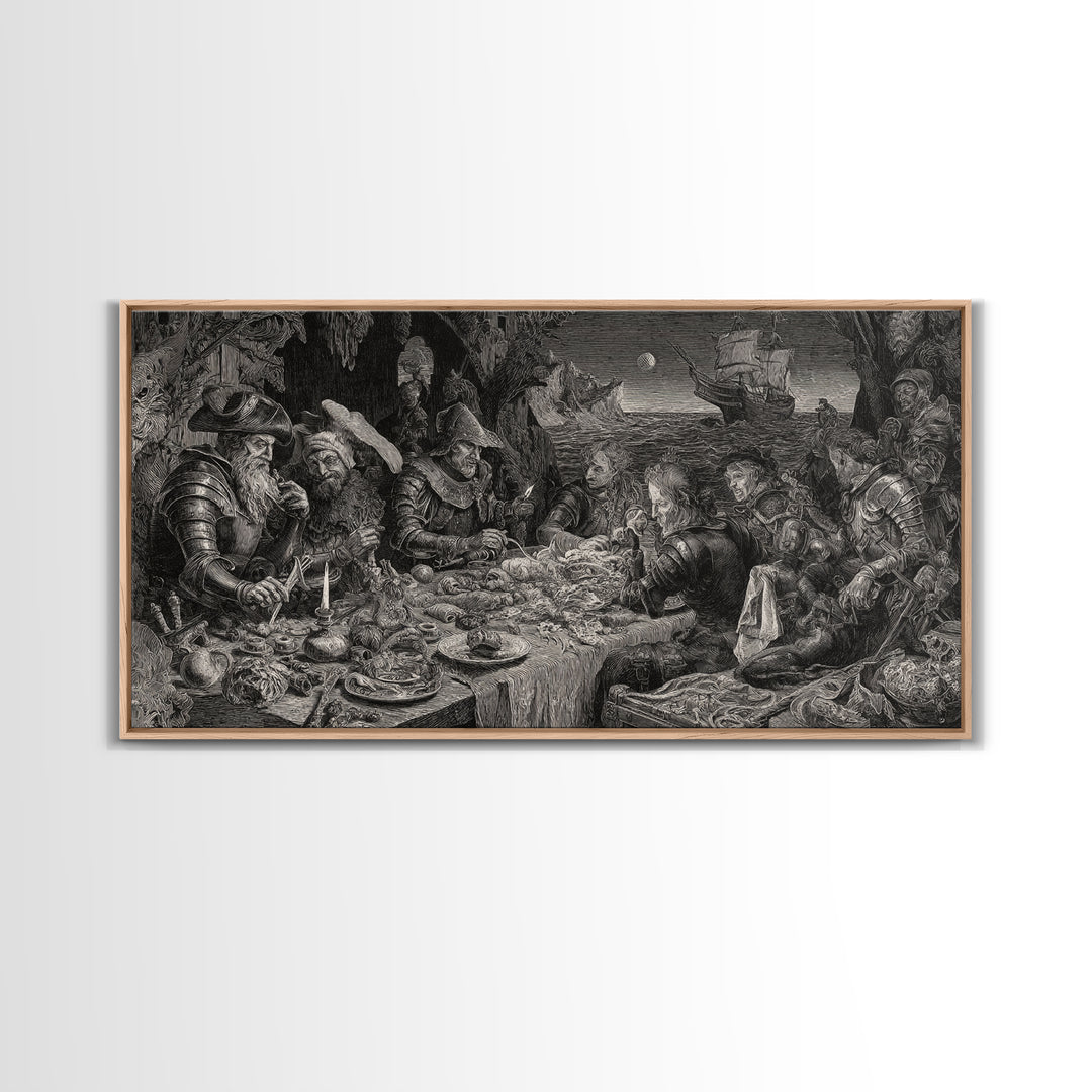 The Ghost Pirate Picnic, Renaissance Engraving Art, Wide Panoramic Art, Gothic Horror Wall Art, Canvas Print, Halloween Wall Art