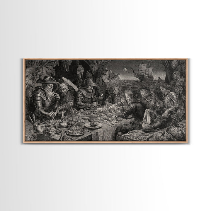 The Ghost Pirate Picnic, Renaissance Engraving Art, Wide Panoramic Art, Gothic Horror Wall Art, Canvas Print, Halloween Wall Art