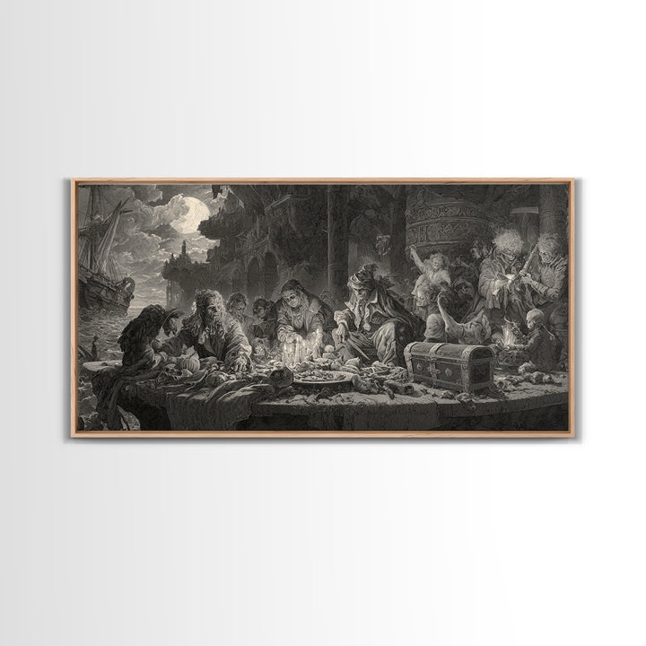 The Ghost Pirate Picnic, Architectural Etching Art, Wide Panoramic Art, Dark Halloween Decor, Framed Canvas Print