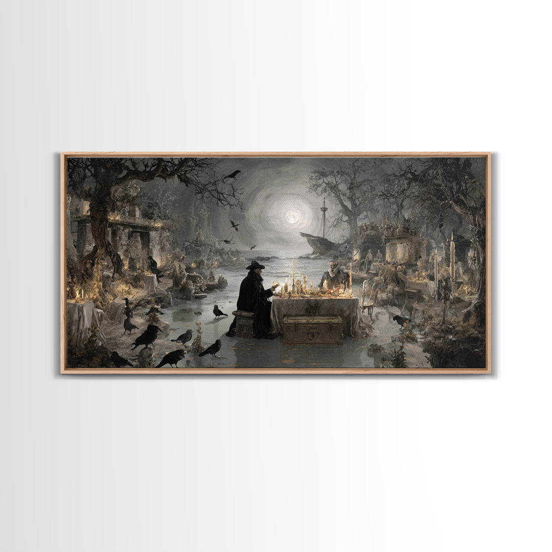 The Ghost Pirate Picnic, Romantic Gothic Landscape, Wide Panoramic Art, Macabre Wall Art, Framed Canvas Print, Halloween Wall Art