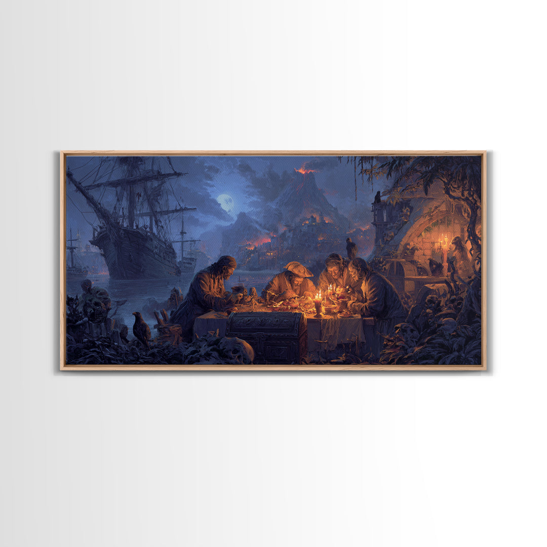 The Ghost Pirate Picnic, Apocalyptic Romantic Art, Wide Panoramic Art, Macabre Wall Art, Framed Canvas Print, Halloween Wall Art