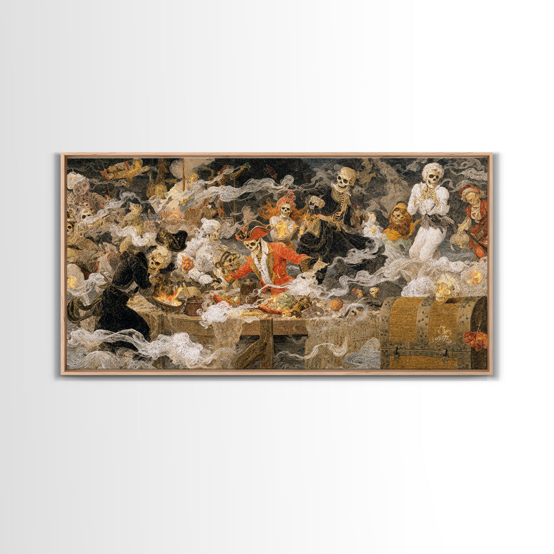 The Ghost Pirate Picnic, Grotesque Carnival Art, Wide Panoramic Art, Dark Fantasy Wall Art, Framed Canvas Print, Halloween Wall Art