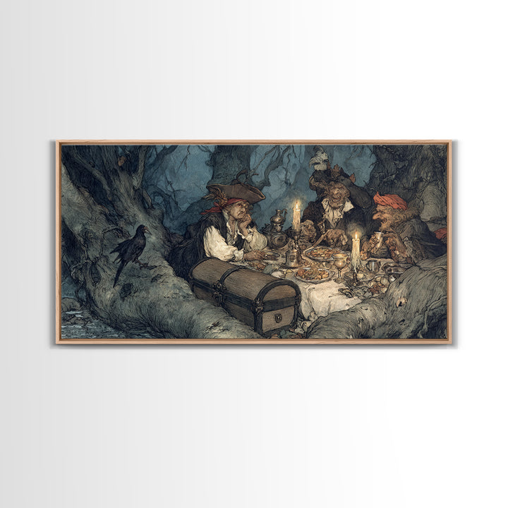 The Ghost Pirate Picnic, Gothic Storybook Art, Wide Panoramic Art, Dark Fantasy Wall Art, Canvas Print, Halloween Wall Art