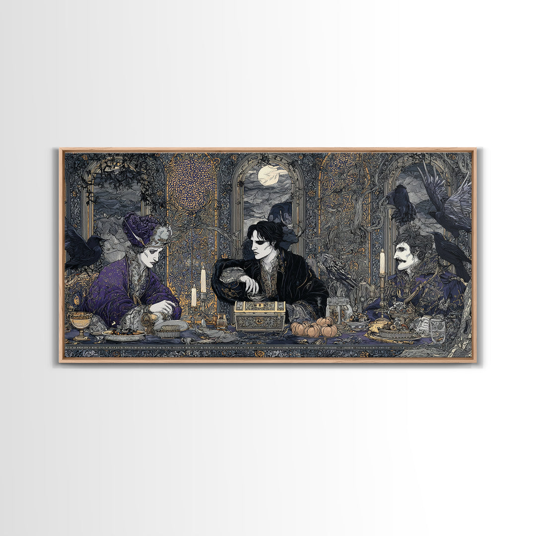 The Ghost Pirate Picnic, Stained Glass Gothic Art, Wide Panoramic Art, Dark Halloween Decor, Framed Canvas Print, Halloween Wall Art