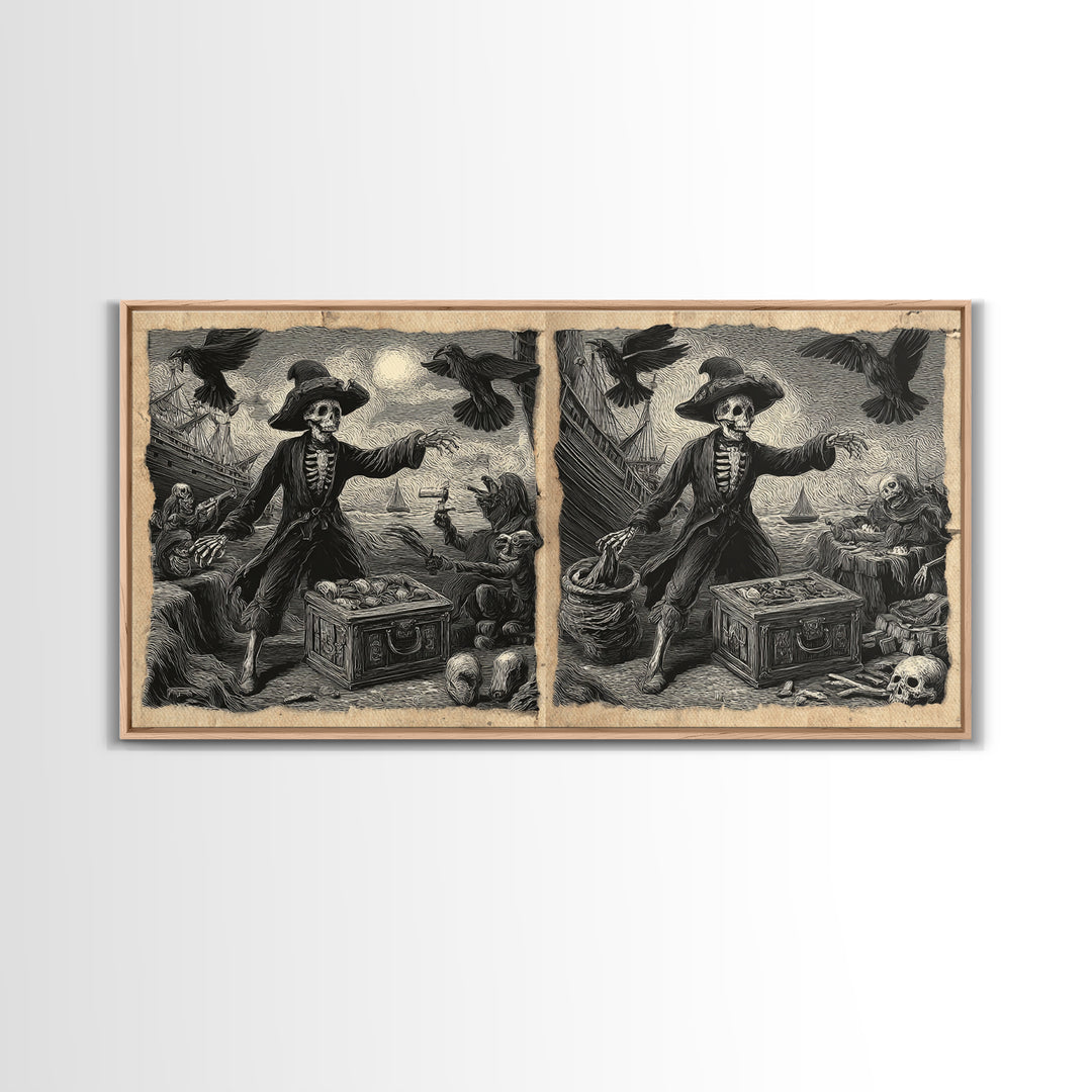 The Ghost Pirate Picnic, Macabre Folk Print Art, Wide Panoramic Art, Dark Fantasy Wall Art, Framed Canvas Print, Halloween Decor