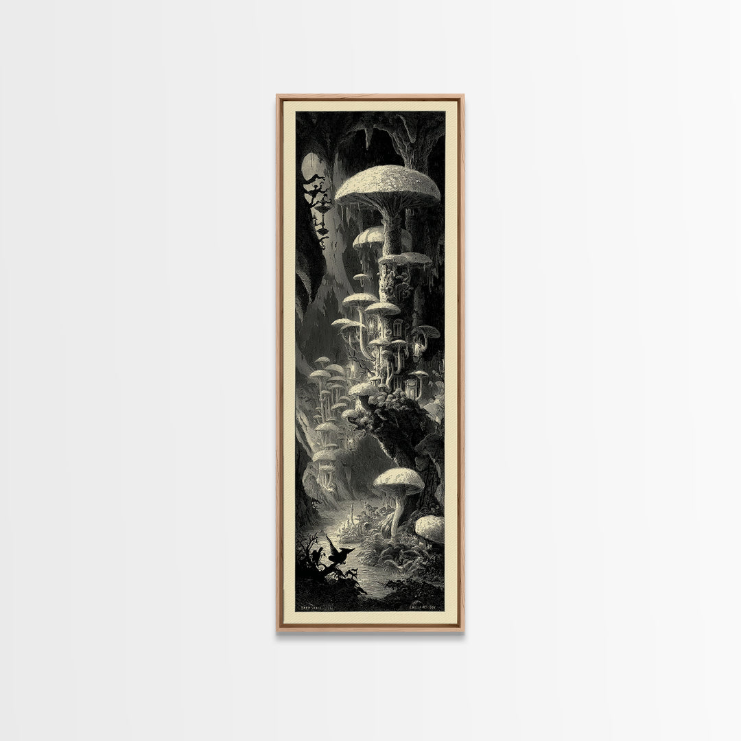 The Moonlit Mushroom Village, Gothic Engraving Art, Tall Narrow Wall Art, Macabre Wall Art, Canvas Print, Halloween Wall Art