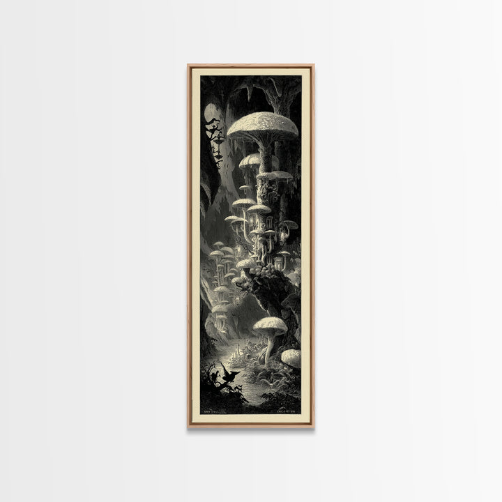 The Moonlit Mushroom Village, Gothic Engraving Art, Tall Narrow Wall Art, Macabre Wall Art, Canvas Print, Halloween Wall Art
