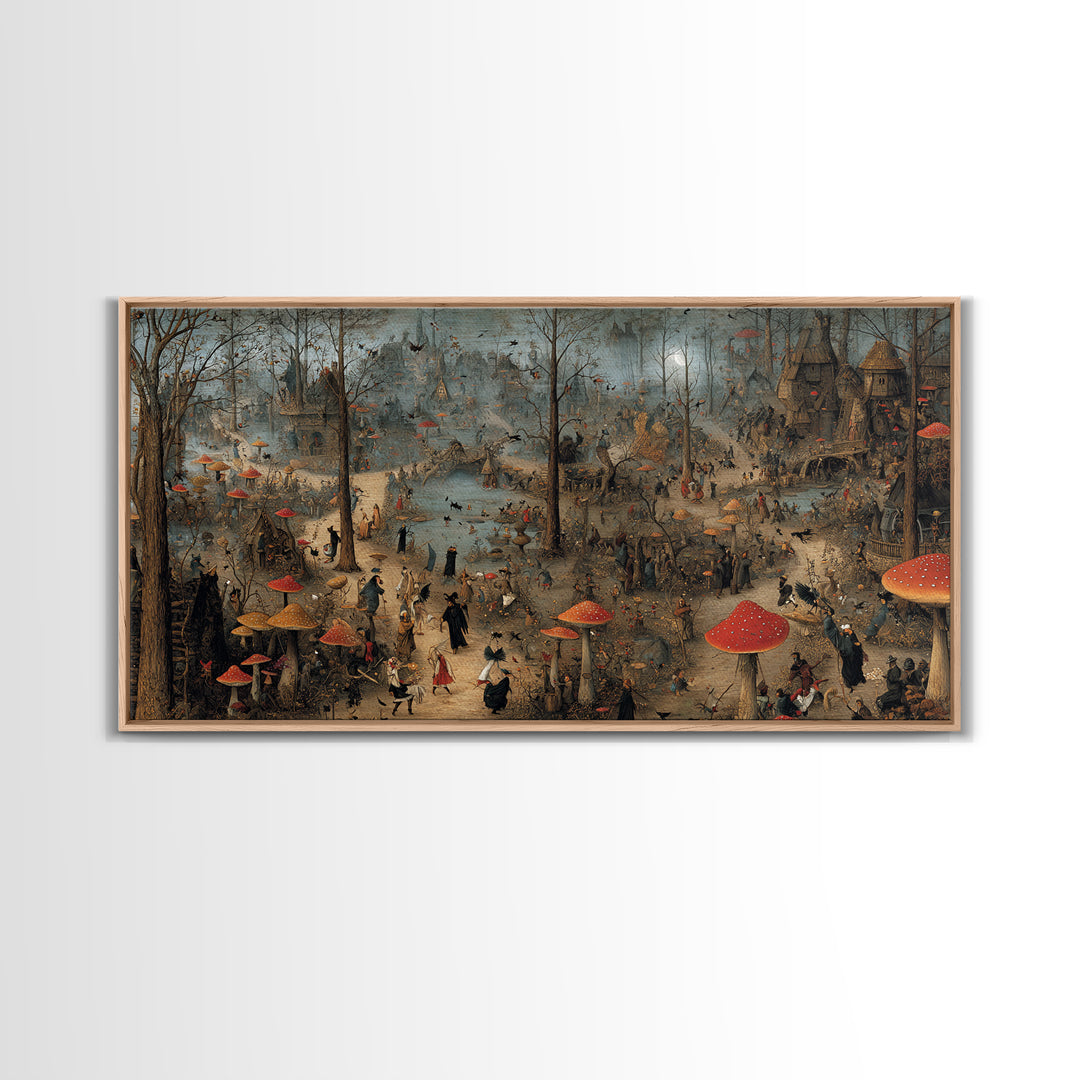 The Moonlit Mushroom Village, Northern Renaissance Horror, Wide Panoramic Art, Macabre Wall Art, Canvas Print, Halloween Wall Art