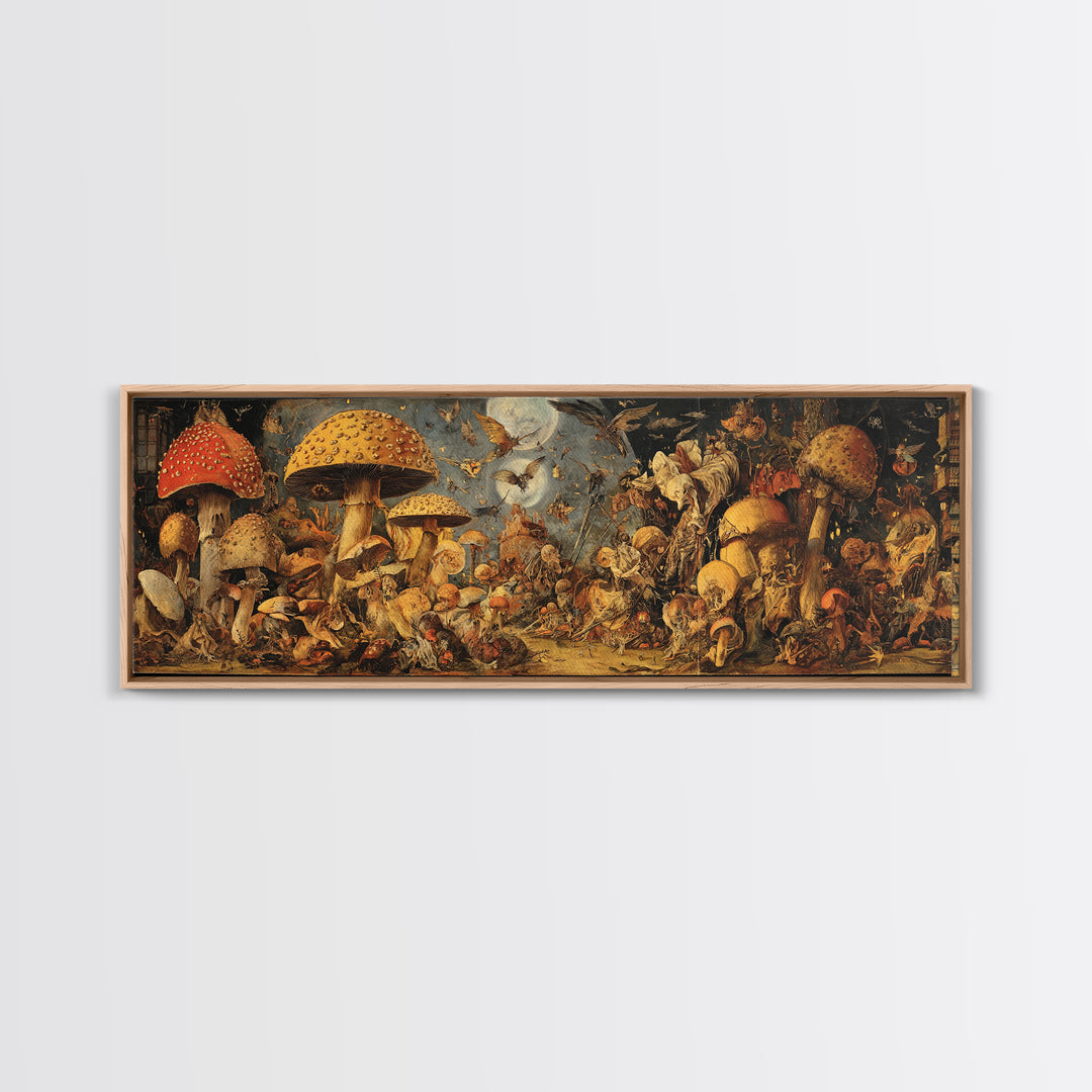The Moonlit Mushroom Village, Dark Renaissance Art, Extra Wide Wall Art, Dark Fantasy Wall Art, Framed Canvas Print