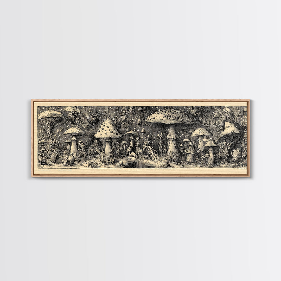 The Moonlit Mushroom Village, Renaissance Engraving Art, Extra Wide Wall Art, Dark Halloween Decor, Framed Canvas Print, Macabre Wall Art