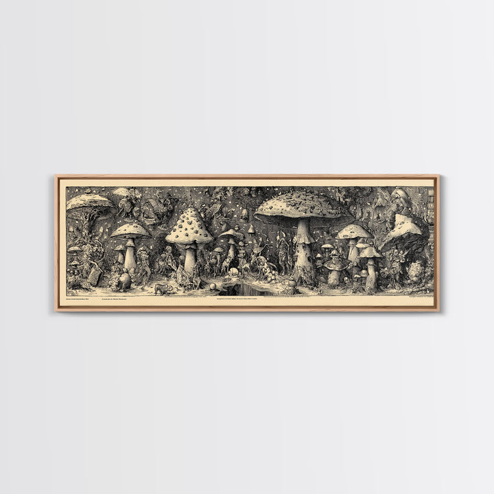 The Moonlit Mushroom Village, Renaissance Engraving Art, Extra Wide Wall Art, Dark Halloween Decor, Framed Canvas Print, Macabre Wall Art