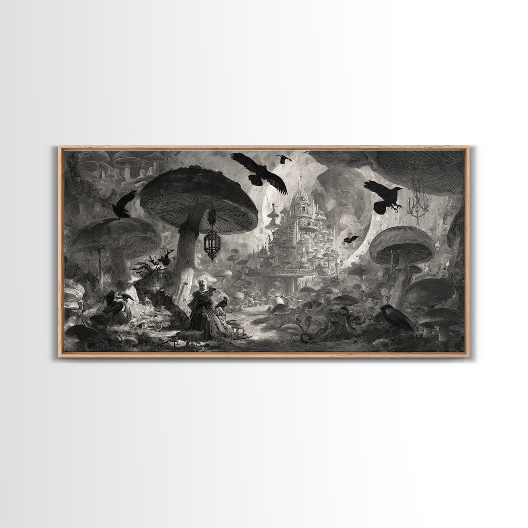 The Moonlit Mushroom Village, Architectural Etching Art, Wide Panoramic Art, Gothic Horror Wall Art, Canvas Print