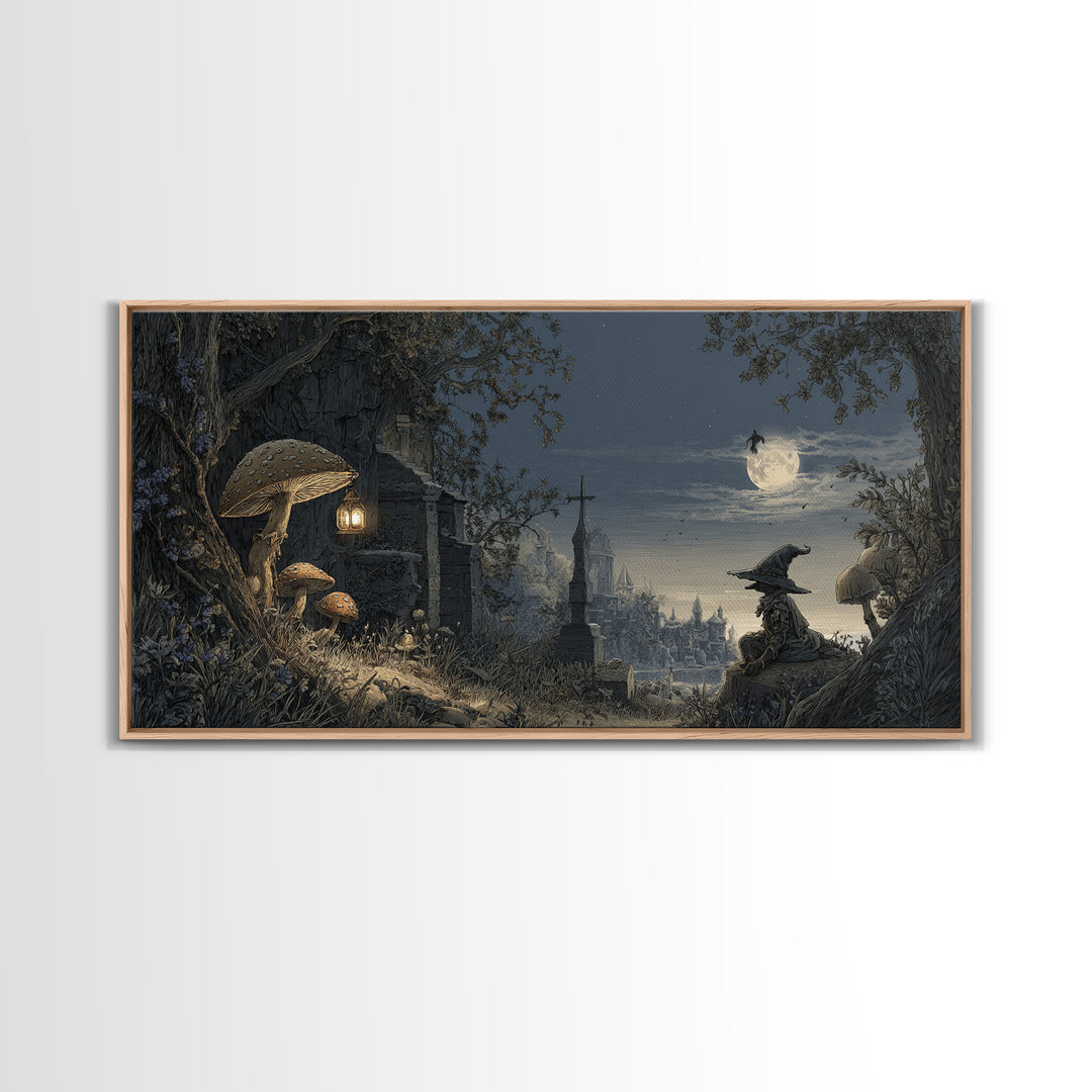 The Moonlit Mushroom Village, Romantic Gothic Landscape, Wide Panoramic Art, Dark Fantasy Wall Art, Canvas Print, Dark Fantasy Art