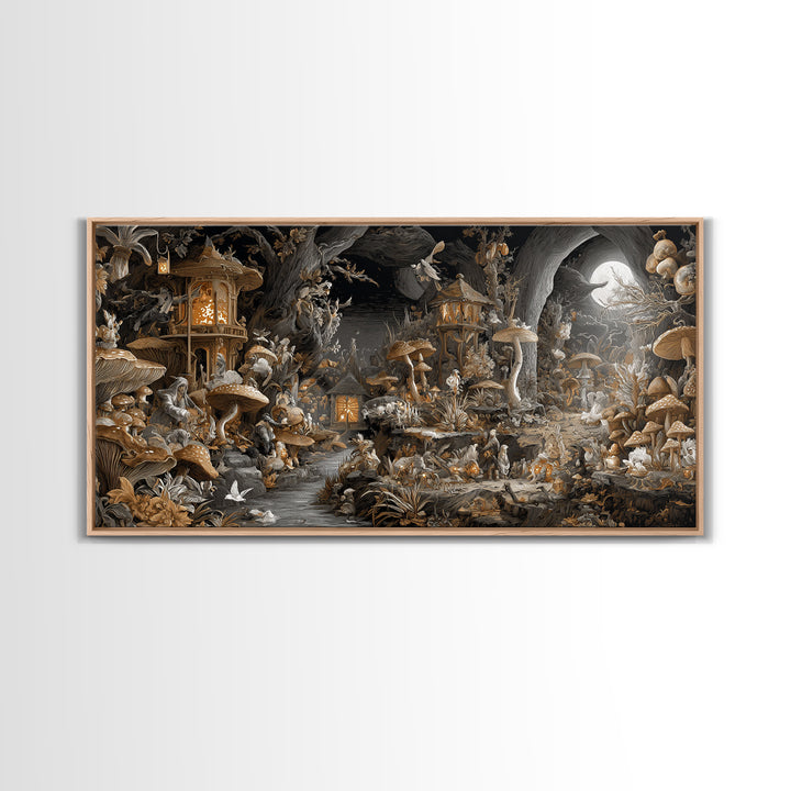 The Moonlit Mushroom Village, Apocalyptic Romantic Art, Wide Panoramic Art, Dark Fantasy Wall Art, Canvas Print, Halloween Wall Art