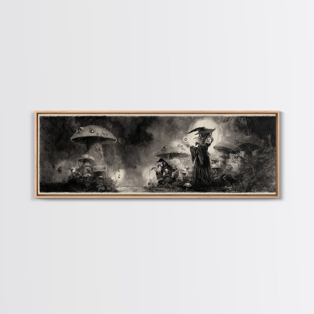 The Moonlit Mushroom Village, Symbolist Dream Art, Extra Wide Wall Art, Gothic Horror Wall Art, Canvas Print, Halloween Wall Art