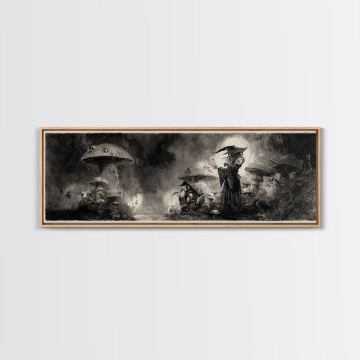 The Moonlit Mushroom Village, Symbolist Dream Art, Extra Wide Wall Art, Gothic Horror Wall Art, Canvas Print, Halloween Wall Art