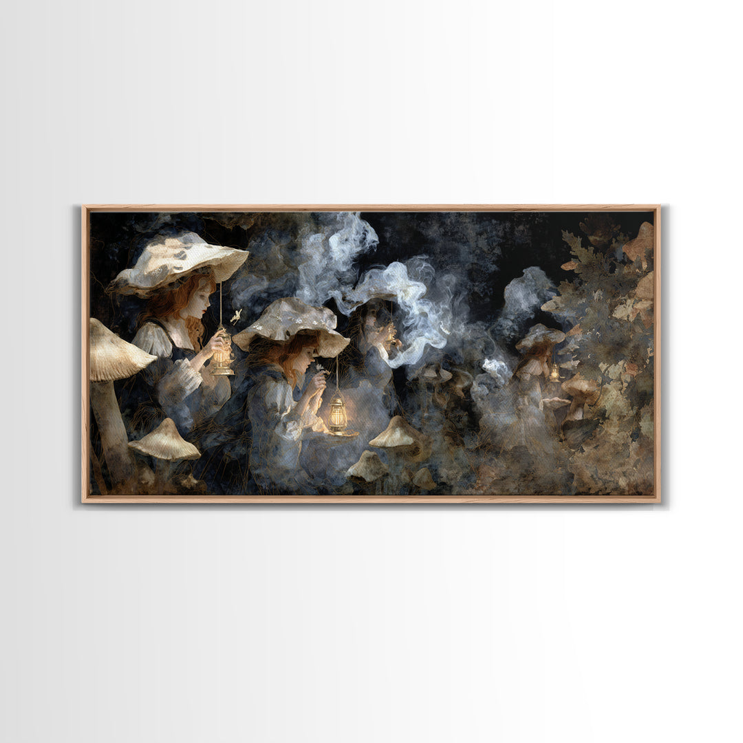 The Moonlit Mushroom Village, Symbolist Gothic Landscape, Wide Panoramic Art, Dark Fantasy Wall Art, Canvas Print, Halloween Wall Art