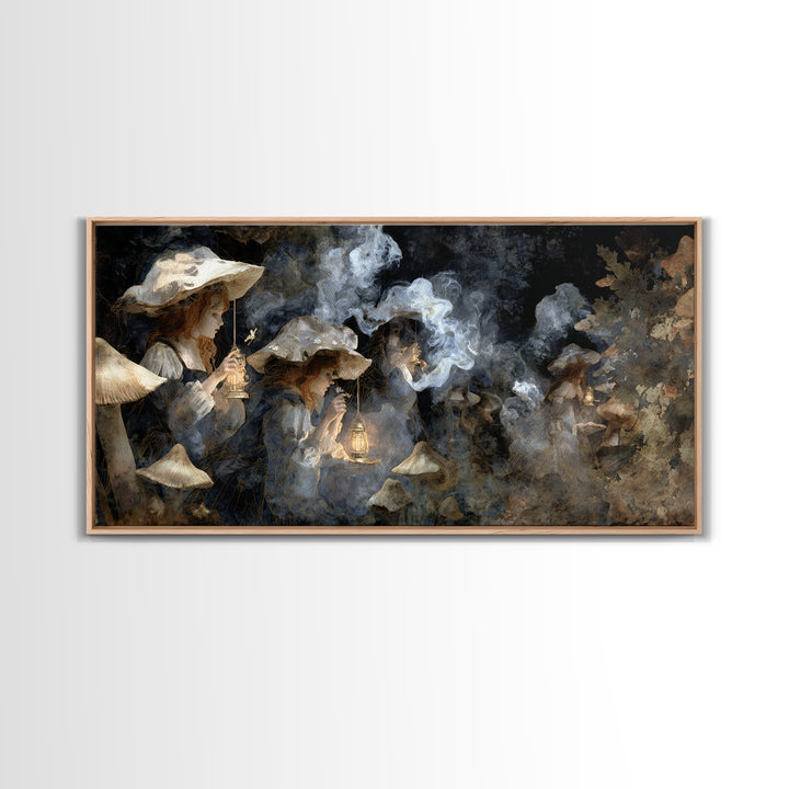 The Moonlit Mushroom Village, Symbolist Gothic Landscape, Wide Panoramic Art, Dark Fantasy Wall Art, Canvas Print, Halloween Wall Art