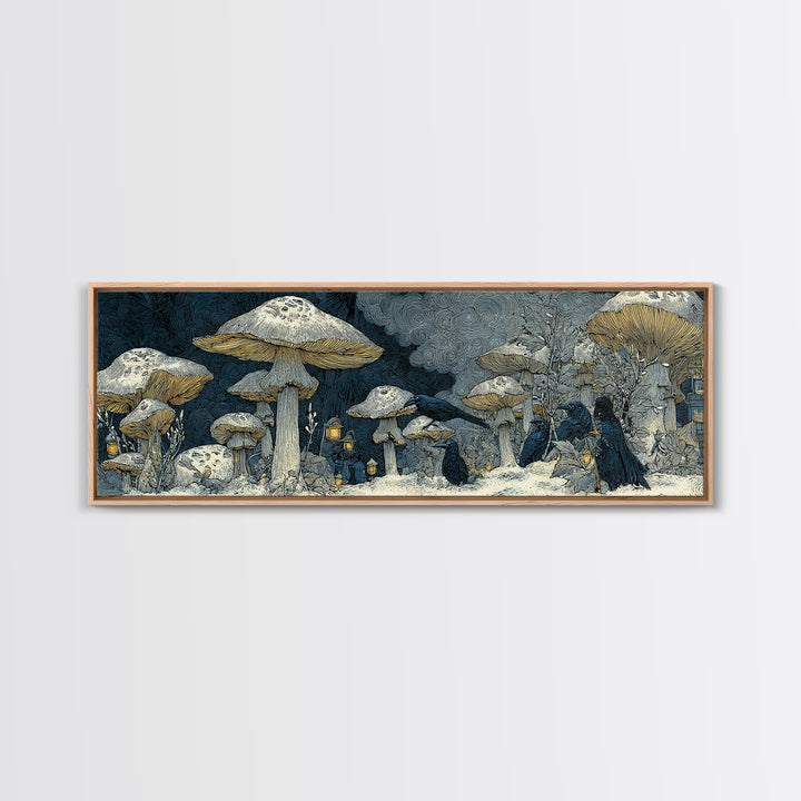 The Moonlit Mushroom Village, Symbolist Death Art, Extra Wide Wall Art, Macabre Wall Art, Framed Canvas Print, Halloween Wall Art