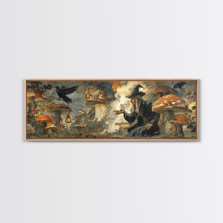 The Moonlit Mushroom Village, Symbolist Etching Art, Extra Wide Wall Art, Gothic Horror Wall Art, Canvas Print, Halloween Wall Art