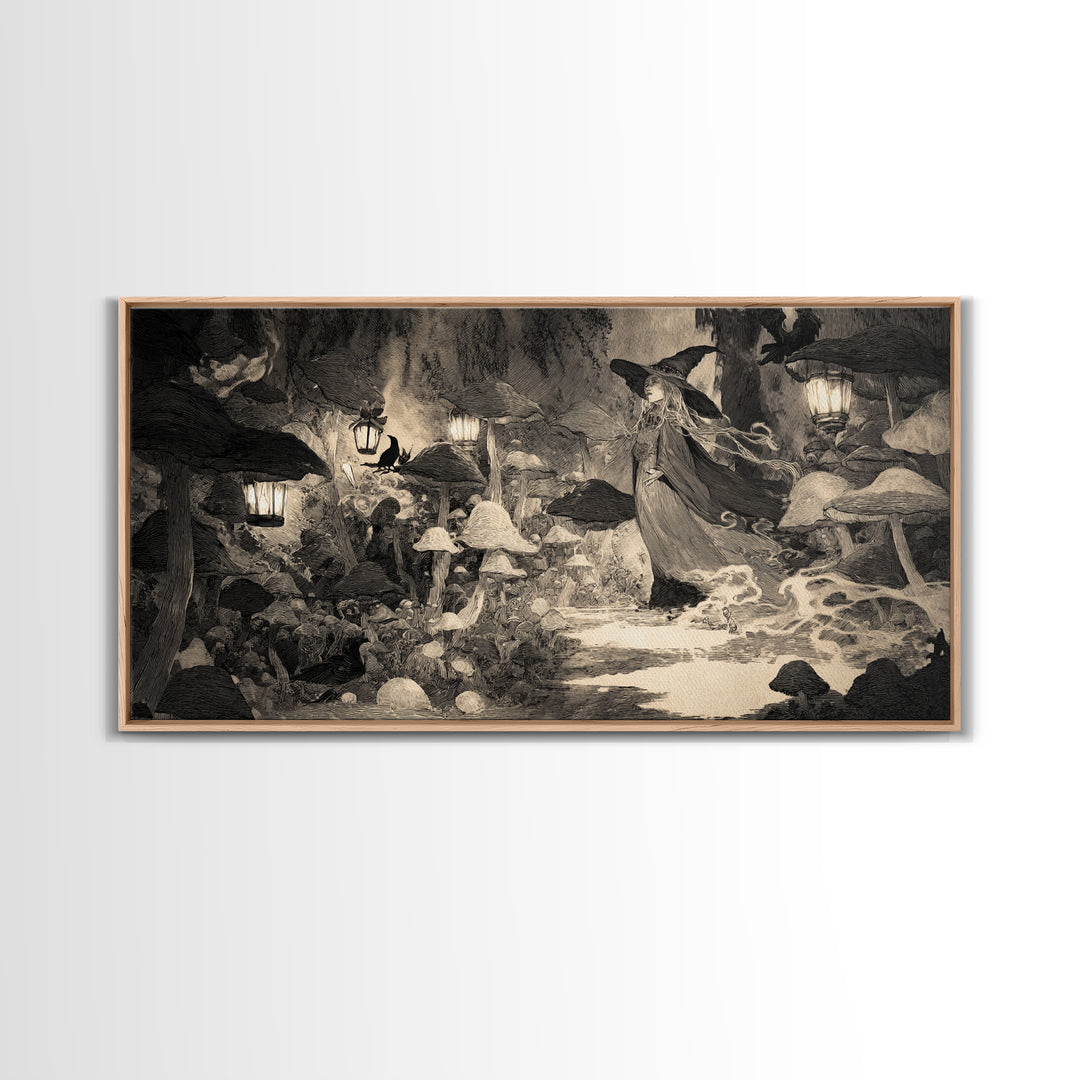 The Moonlit Mushroom Village, Expressionist Nightmare Art, Wide Panoramic Art, Gothic Horror Wall Art, Canvas Print, Halloween Wall Art
