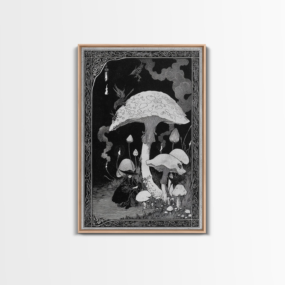 The Moonlit Mushroom Village, Decadent Line Art, Vertical Wall Art, Macabre Wall Art, Framed Canvas Print, Halloween Wall Art
