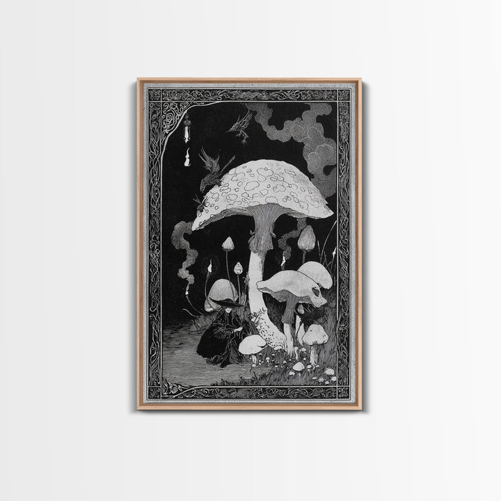 The Moonlit Mushroom Village, Decadent Line Art, Vertical Wall Art, Macabre Wall Art, Framed Canvas Print, Halloween Wall Art