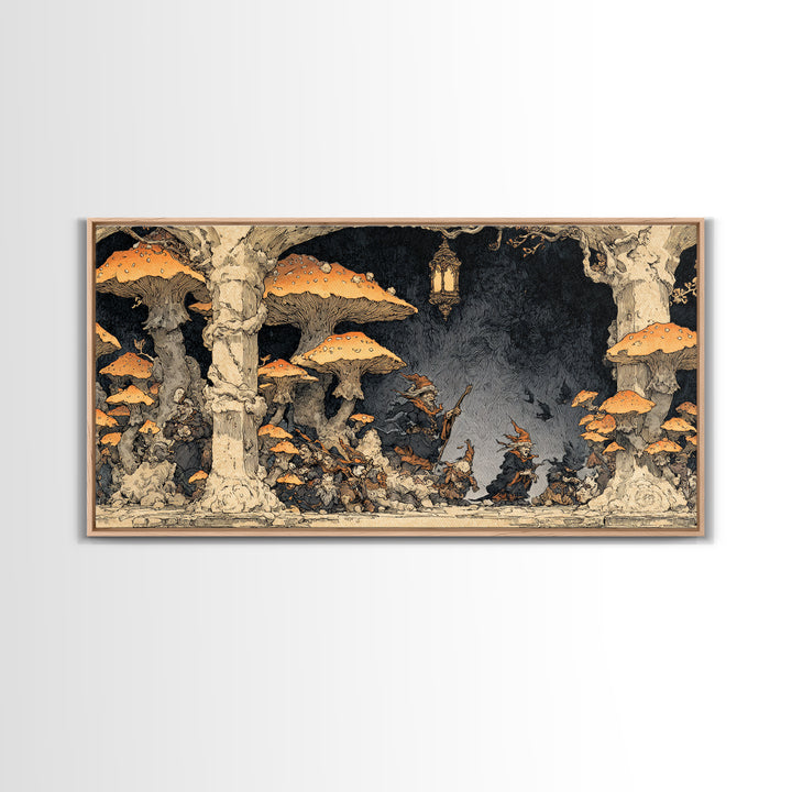 The Moonlit Mushroom Village, Gothic Storybook Art, Wide Panoramic Art, Gothic Horror Wall Art, Canvas Print, Halloween Wall Art