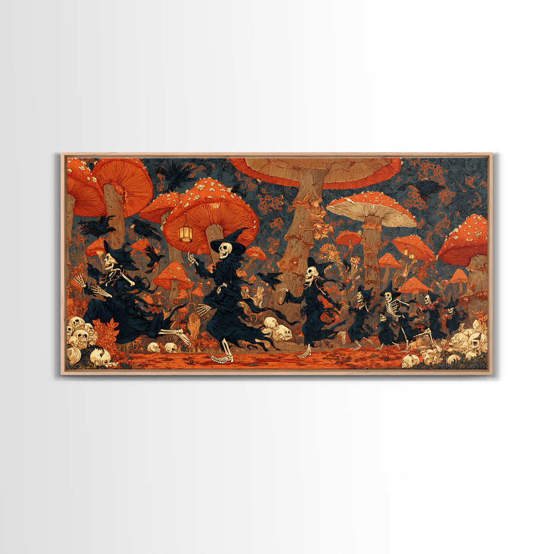 The Moonlit Mushroom Village, Macabre Folk Print Art, Wide Panoramic Art, Dark Halloween Decor, Framed Canvas Print