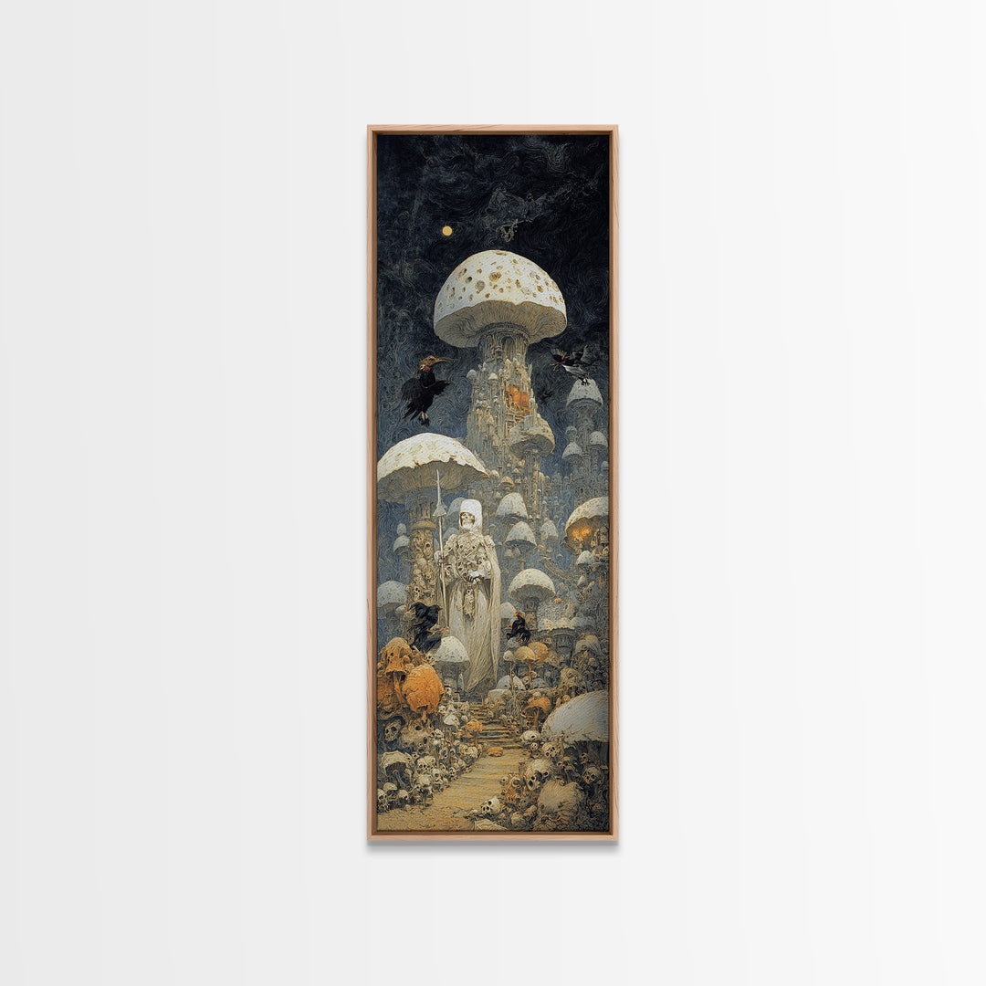 The Moonlit Mushroom Village, Surreal Apocalyptic Art, Tall Narrow Wall Art, Gothic Horror Wall Art, Framed Canvas Print