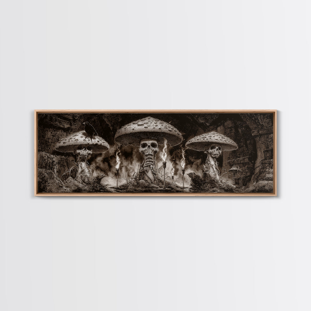 The Moonlit Mushroom Village, Biomechanical Horror Art, Extra Wide Wall Art, Gothic Horror Wall Art, Canvas Print, Halloween Wall Art