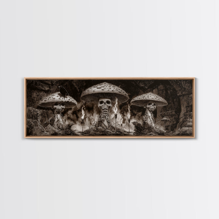 The Moonlit Mushroom Village, Biomechanical Horror Art, Extra Wide Wall Art, Gothic Horror Wall Art, Canvas Print, Halloween Wall Art
