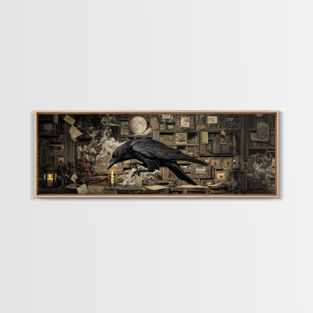 The Raven Post Office, Medieval Grotesque Art, Extra Wide Wall Art, Dark Halloween Decor, Framed Canvas Print, Halloween Wall Art